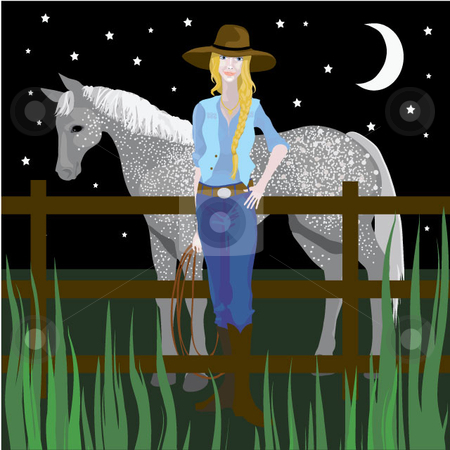 To use this stock image in your creative project, please select the size you need over to the right and click the "Add to Cart" button.
Your downloaded image will come with the Cutcaster watermark removed so don’t worry about the watermark you see on this page. Cowgirl in the Moonlight stock vector clipart, A cowgirl and horse under a starry moonlit sky. by Maggie Bates