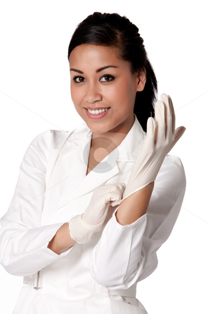 To use this stock image in your creative project, please select the size you need over to the right and click the "Add to Cart" button.
Your downloaded image will come with the Cutcaster watermark removed so don’t worry about the watermark you see on this page. Portrait of a beautifull Indonesian nurse putting gloves on stock photo, Beautifull Indonesian nurse in white uniform by Frenk and Danielle Kaufmann