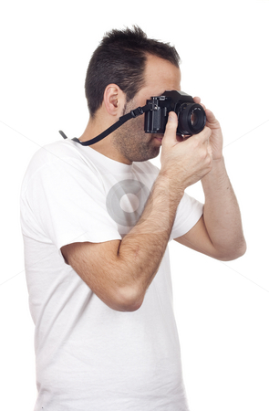 To use this stock image in your creative project, please select the size you need over to the right and click the "Add to Cart" button.
Your downloaded image will come with the Cutcaster watermark removed so don’t worry about the watermark you see on this page. Isolated photography man stock photo, A photographer with a vintage analogic photographic camera isolated on withe background by Ivan Montero