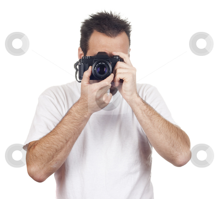 To use this stock image in your creative project, please select the size you need over to the right and click the "Add to Cart" button.
Your downloaded image will come with the Cutcaster watermark removed so don’t worry about the watermark you see on this page. Isolated photography man stock photo, A photographer with a vintage analogic photographic camera isolated on withe background by Ivan Montero
