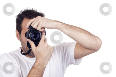 To use this stock image in your creative project, please select the size you need over to the right and click the "Add to Cart" button.
Your downloaded image will come with the Cutcaster watermark removed so don’t worry about the watermark you see on this page. Isolated photography man stock photo, A photographer with a vintage analogic photographic camera isolated on withe background by Ivan Montero