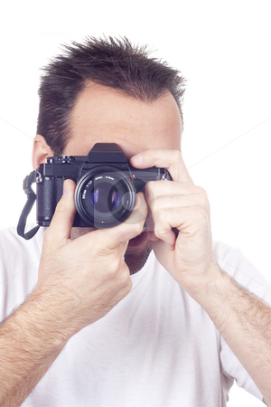 To use this stock image in your creative project, please select the size you need over to the right and click the "Add to Cart" button.
Your downloaded image will come with the Cutcaster watermark removed so don’t worry about the watermark you see on this page. Isolated photography man stock photo, A photographer with a vintage analogic photographic camera isolated on withe background by Ivan Montero