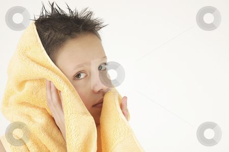 To use this stock image in your creative project, please select the size you need over to the right and click the "Add to Cart" button.
Your downloaded image will come with the Cutcaster watermark removed so don’t worry about the watermark you see on this page. Boy with yellow towel stock photo, Boy with yellow towel after taking bath by Tom P.