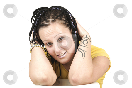 To use this stock image in your creative project, please select the size you need over to the right and click the "Add to Cart" button.
Your downloaded image will come with the Cutcaster watermark removed so don’t worry about the watermark you see on this page. Portrait stock photo, Portrait young cute woman with tattoos by Tom P.