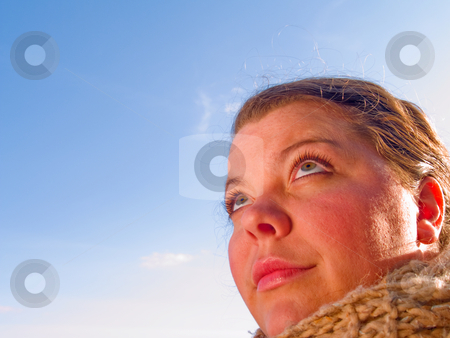 To use this stock image in your creative project, please select the size you need over to the right and click the "Add to Cart" button.
Your downloaded image will come with the Cutcaster watermark removed so don’t worry about the watermark you see on this page. Woman looking up at copyspace stock photo, Beauty - Close up Portrait of a woman looking up at copyspace by Phillip Dyhr Hobbs