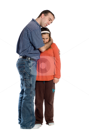 To use this stock image in your creative project, please select the size you need over to the right and click the "Add to Cart" button.
Your downloaded image will come with the Cutcaster watermark removed so don’t worry about the watermark you see on this page. Father Daughter Isolated On White stock photo, A father comforting his preteen daughter isolated against a white background by Richard Nelson