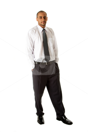 To use this stock image in your creative project, please select the size you need over to the right and click the "Add to Cart" button.
Your downloaded image will come with the Cutcaster watermark removed so don’t worry about the watermark you see on this page. Handsome business man standing stock photo, Handsome African Hispanic business man in white shirt, gray pants and tie, standing with hands in pocket, isolated by Paul Hakimata