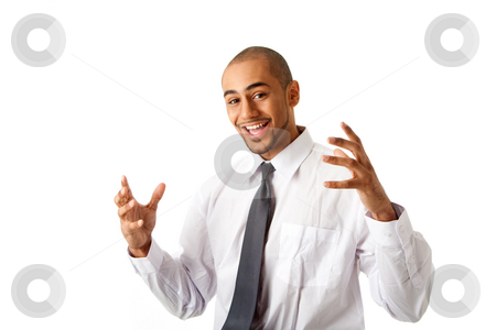 To use this stock image in your creative project, please select the size you need over to the right and click the "Add to Cart" button.
Your downloaded image will come with the Cutcaster watermark removed so don’t worry about the watermark you see on this page. Happy handsome business man stock photo, Torso of a handsome happy African Hispanic business man in white shirt and gray tie and hands up, isolated by Paul Hakimata
