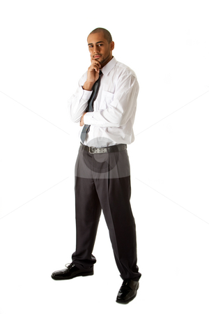 To use this stock image in your creative project, please select the size you need over to the right and click the "Add to Cart" button.
Your downloaded image will come with the Cutcaster watermark removed so don’t worry about the watermark you see on this page. Handsome business man standing stock photo, Handsome African Hispanic business man in white shirt, gray pants and tie, standing with hands on chin thinking, isolated by Paul Hakimata
