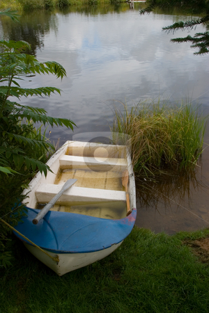 To use this stock image in your creative project, please select the size you need over to the right and click the "Add to Cart" button.
Your downloaded image will come with the Cutcaster watermark removed so don’t worry about the watermark you see on this page. Rowboat stock photo, A blue and white rowboat on the shore of a pond, surrounded by nature. by Rick Parsons