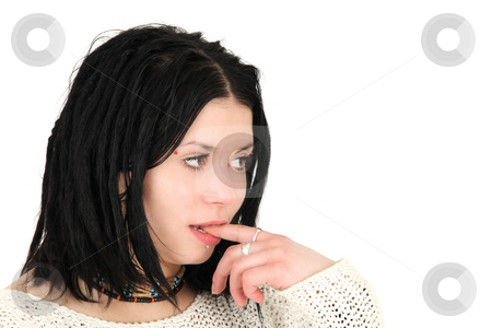 To use this stock image in your creative project, please select the size you need over to the right and click the "Add to Cart" button.
Your downloaded image will come with the Cutcaster watermark removed so don’t worry about the watermark you see on this page. Portrait of young teenage girl with finger in mouth, studio shot stock photo, Portrait of young teenage girl by Tom P.