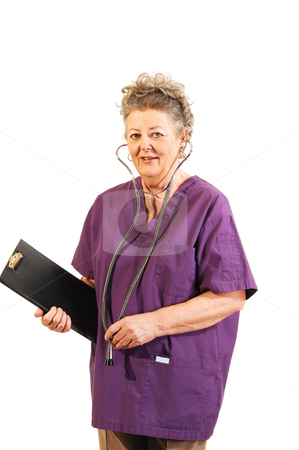To use this stock image in your creative project, please select the size you need over to the right and click the "Add to Cart" button.
Your downloaded image will come with the Cutcaster watermark removed so don’t worry about the watermark you see on this page. Senior nurse. stock photo, An elderly nurse in a lilac top with the stethoscope in her ears and the
clip board in her hand. On white background. by Horst Petzold