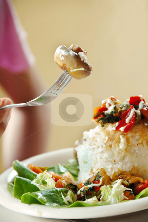 To use this stock image in your creative project, please select the size you need over to the right and click the "Add to Cart" button.
Your downloaded image will come with the Cutcaster watermark removed so don’t worry about the watermark you see on this page. Appetizing mushroom stock photo, Appetizing rice dinner served, mushroom on fork by Julija Sapic