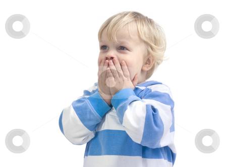 To use this stock image in your creative project, please select the size you need over to the right and click the "Add to Cart" button.
Your downloaded image will come with the Cutcaster watermark removed so don’t worry about the watermark you see on this page. Surprised boy stock photo, A 3 year old caucasian boy, covering his mouth with his hands in total surprize. by Corepics VOF