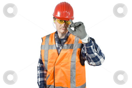 To use this stock image in your creative project, please select the size you need over to the right and click the "Add to Cart" button.
Your downloaded image will come with the Cutcaster watermark removed so don’t worry about the watermark you see on this page. Greeting stock photo, An engineer, tipping the rim of his hard top with his finger, wearing the proper safety wear. by Corepics VOF