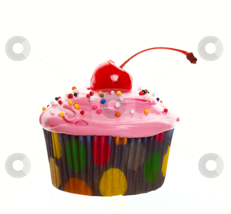 To use this stock image in your creative project, please select the size you need over to the right and click the "Add to Cart" button.
Your downloaded image will come with the Cutcaster watermark removed so don’t worry about the watermark you see on this page. Pink Cherry Cupcake stock photo, Delectable pink cupcake topped with a cherry and multi-colored sprinkles. Shot on white background. by Brenda Carson