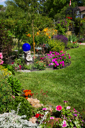 To use this stock image in your creative project, please select the size you need over to the right and click the "Add to Cart" button.
Your downloaded image will come with the Cutcaster watermark removed so don’t worry about the watermark you see on this page. Lush Perennial Bed stock photo, A beautiful, curving flower bed full of blooming annuals & perennials line a sunny backyard. by Brenda Carson