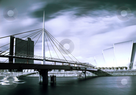 To use this stock image in your creative project, please select the size you need over to the right and click the "Add to Cart" button.
Your downloaded image will come with the Cutcaster watermark removed so don’t worry about the watermark you see on this page. Modern architecture in Glasgow Scotland stock photo, Infrared picture of the Bell bridge and Armadillo SECC on the Clyde river in Glasgow by Laurent Dambies