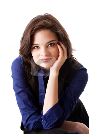 To use this stock image in your creative project, please select the size you need over to the right and click the "Add to Cart" button.
Your downloaded image will come with the Cutcaster watermark removed so don’t worry about the watermark you see on this page. Face of beautiful business woman stock photo, Face of a beautiful young caucasian business student woman in blue shirt leaning head on hand, isolated by Paul Hakimata