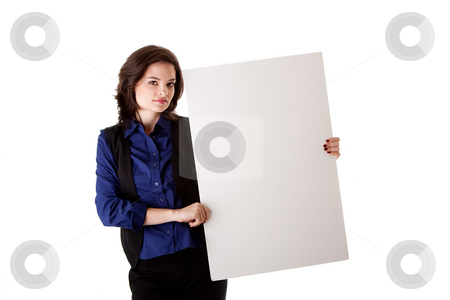To use this stock image in your creative project, please select the size you need over to the right and click the "Add to Cart" button.
Your downloaded image will come with the Cutcaster watermark removed so don’t worry about the watermark you see on this page. Young business woman with white board stock photo, Beautiful young caucasian brunette business student woman standing besides and holding a white blank board, isolated by Paul Hakimata