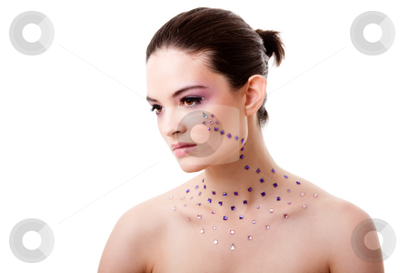 To use this stock image in your creative project, please select the size you need over to the right and click the "Add to Cart" button.
Your downloaded image will come with the Cutcaster watermark removed so don’t worry about the watermark you see on this page. Beautiful woman with purple makeup stock photo, Headshot of a beautiful Caucasian woman with purple makeup and rhinestones and bare shoulders, isolated by Paul Hakimata