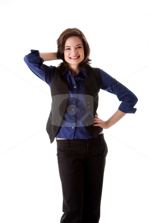 To use this stock image in your creative project, please select the size you need over to the right and click the "Add to Cart" button.
Your downloaded image will come with the Cutcaster watermark removed so don’t worry about the watermark you see on this page. Young business woman standing smiling stock photo, Beautiful young caucasian brunette business student woman standing with hand on hip and behind head smiling, wearing blue blouse and black jacket, isolated by Paul Hakimata