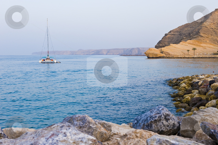 To use this stock image in your creative project, please select the size you need over to the right and click the "Add to Cart" button.
Your downloaded image will come with the Cutcaster watermark removed so don’t worry about the watermark you see on this page. Sailboat anchored in the bay. stock photo, A twin-hulled sailboat anchored in a secluded bay. by Nicolaas Traut