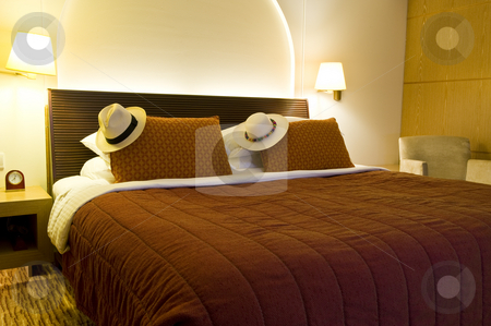 To use this stock image in your creative project, please select the size you need over to the right and click the "Add to Cart" button.
Your downloaded image will come with the Cutcaster watermark removed so don’t worry about the watermark you see on this page. Luxurious hotel room stock photo, Inside of a luxurious hotel room with a Panama hat on the bed. by Nicolaas Traut