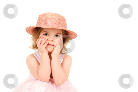 To use this stock image in your creative project, please select the size you need over to the right and click the "Add to Cart" button.
Your downloaded image will come with the Cutcaster watermark removed so don’t worry about the watermark you see on this page. Portrait of young girl in pink princess dress and hat with hands stock photo, by Tom P.
