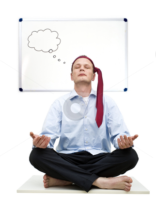 To use this stock image in your creative project, please select the size you need over to the right and click the "Add to Cart" button.
Your downloaded image will come with the Cutcaster watermark removed so don’t worry about the watermark you see on this page. Business Zen stock photo, A smartly dressed business man practicing Zen in deep concentration and thought in front of a white board with an empty thought cloud by Corepics VOF