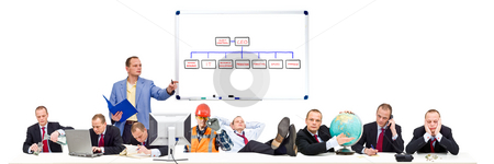 To use this stock image in your creative project, please select the size you need over to the right and click the "Add to Cart" button.
Your downloaded image will come with the Cutcaster watermark removed so don’t worry about the watermark you see on this page. Simple Organization stock photo, A visualisation of a simple, flat, business organization, with conceptual images of the various functions present at the conference table during a board meeting of a mid-sized company by Corepics VOF