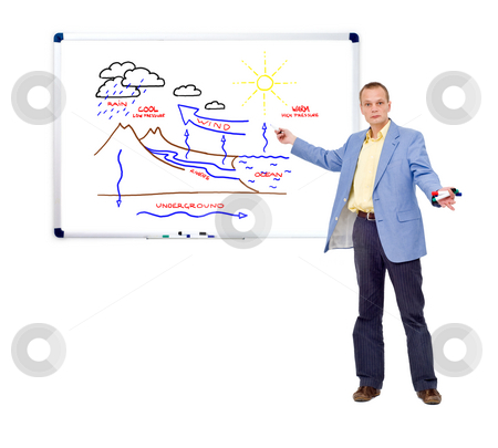 To use this stock image in your creative project, please select the size you need over to the right and click the "Add to Cart" button.
Your downloaded image will come with the Cutcaster watermark removed so don’t worry about the watermark you see on this page. Weather man stock photo, A weather man explaining the basic principles of the water cycle by Corepics VOF