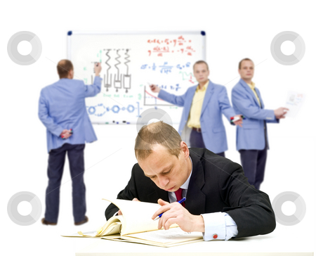 To use this stock image in your creative project, please select the size you need over to the right and click the "Add to Cart" button.
Your downloaded image will come with the Cutcaster watermark removed so don’t worry about the watermark you see on this page. Advanced learning stock photo, A manager, trying to understand some very complex theories, oblivious of the people in the background trying to explain it to him by Corepics VOF