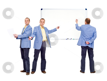 To use this stock image in your creative project, please select the size you need over to the right and click the "Add to Cart" button.
Your downloaded image will come with the Cutcaster watermark removed so don’t worry about the watermark you see on this page. Explaining stock photo, Educational theme of three persons trying to explain something. The whiteboard is blank, and free for you to use for your own message by Corepics VOF