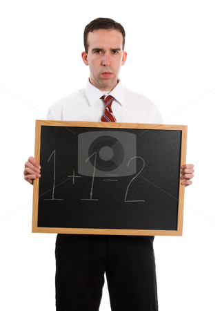 To use this stock image in your creative project, please select the size you need over to the right and click the "Add to Cart" button.
Your downloaded image will come with the Cutcaster watermark removed so don’t worry about the watermark you see on this page. Strict Teacher stock photo, A strict teacher is holding a chalk board with 1+1=2, isolated against a white background by Richard Nelson