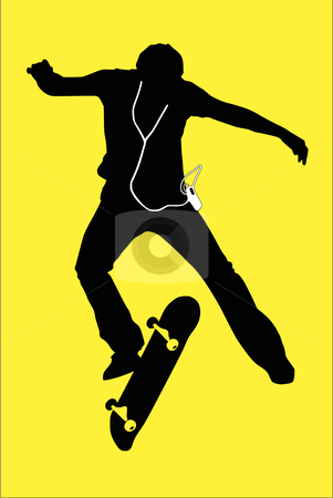 To use this stock image in your creative project, please select the size you need over to the right and click the "Add to Cart" button.
Your downloaded image will come with the Cutcaster watermark removed so don’t worry about the watermark you see on this page. Skateboarder silhouette stock vector clipart, Silhouette of a boy using an mp3 player jumping off his skateboard. Bright colored background. by SuiPhoto