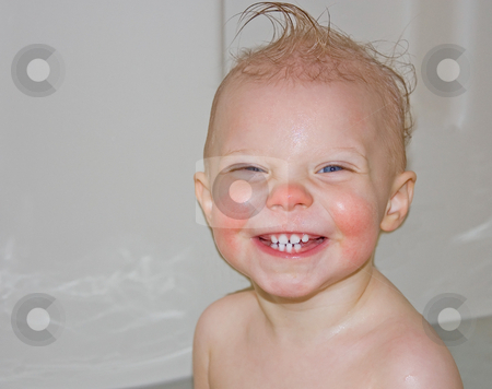 To use this stock image in your creative project, please select the size you need over to the right and click the "Add to Cart" button.
Your downloaded image will come with the Cutcaster watermark removed so don’t worry about the watermark you see on this page. Smiling Baby in Bathtub stock photo, This cute baby is smiling and happy in the bathtub. She's a Caucasian girl with rosy cheeks and a curl on top of her hair. by Valerie Garner
