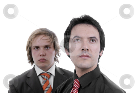 To use this stock image in your creative project, please select the size you need over to the right and click the "Add to Cart" button.
Your downloaded image will come with the Cutcaster watermark removed so don’t worry about the watermark you see on this page. Business men stock photo, Two young business men portrait on white. focus on the right man by Rui Vale de Sousa