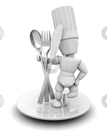 To use this stock image in your creative project, please select the size you need over to the right and click the "Add to Cart" button.
Your downloaded image will come with the Cutcaster watermark removed so don’t worry about the watermark you see on this page. Chef with cutlery stock photo, 3D render of a chef with cutlery by Kirsty Pargeter
