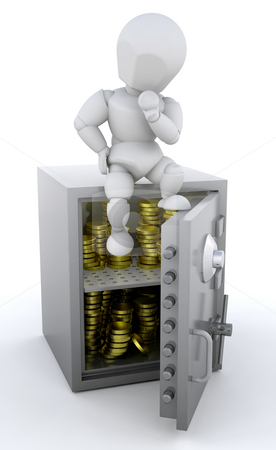 To use this stock image in your creative project, please select the size you need over to the right and click the "Add to Cart" button.
Your downloaded image will come with the Cutcaster watermark removed so don’t worry about the watermark you see on this page. Person sat on safe stock photo, 3d render of a person sat a safe full of gold coins by Kirsty Pargeter