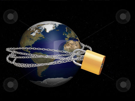 To use this stock image in your creative project, please select the size you need over to the right and click the "Add to Cart" button.
Your downloaded image will come with the Cutcaster watermark removed so don’t worry about the watermark you see on this page. Protecting the world stock photo, 3D render of the world with a padlock and chain around it by Kirsty Pargeter
