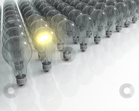 To use this stock image in your creative project, please select the size you need over to the right and click the "Add to Cart" button.
Your downloaded image will come with the Cutcaster watermark removed so don’t worry about the watermark you see on this page. Glowing lightbulb stock photo, 3D render of one glowing light bulb amongst lots of unlit ones by Kirsty Pargeter