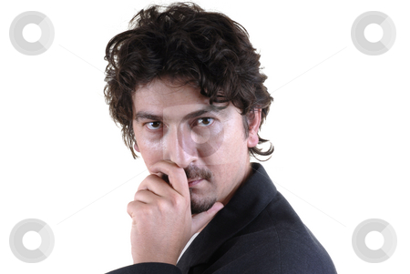 To use this stock image in your creative project, please select the size you need over to the right and click the "Add to Cart" button.
Your downloaded image will come with the Cutcaster watermark removed so don’t worry about the watermark you see on this page. Portrait stock photo, Young business man thinking in a white background by Rui Vale de Sousa