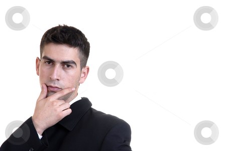 To use this stock image in your creative project, please select the size you need over to the right and click the "Add to Cart" button.
Your downloaded image will come with the Cutcaster watermark removed so don’t worry about the watermark you see on this page. Think stock photo, Young business man thinking in a white background by Rui Vale de Sousa