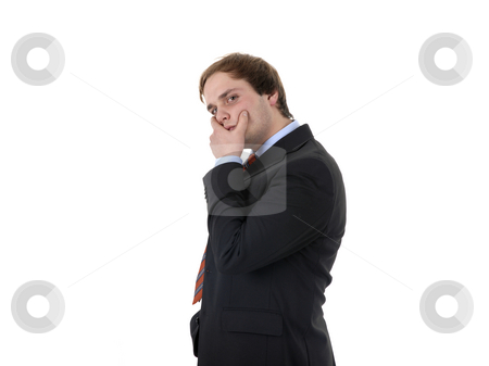 To use this stock image in your creative project, please select the size you need over to the right and click the "Add to Cart" button.
Your downloaded image will come with the Cutcaster watermark removed so don’t worry about the watermark you see on this page. Problem stock photo, Businessman covered face with his hand on white background by Rui Vale de Sousa