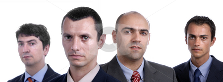 To use this stock image in your creative project, please select the size you need over to the right and click the "Add to Cart" button.
Your downloaded image will come with the Cutcaster watermark removed so don’t worry about the watermark you see on this page. Team stock photo, Young business men portrait on white. focus on the second man by Rui Vale de Sousa