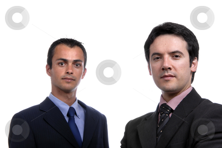 To use this stock image in your creative project, please select the size you need over to the right and click the "Add to Cart" button.
Your downloaded image will come with the Cutcaster watermark removed so don’t worry about the watermark you see on this page. Two young stock photo, Two young business men portrait on white. focus on the right man by Rui Vale de Sousa