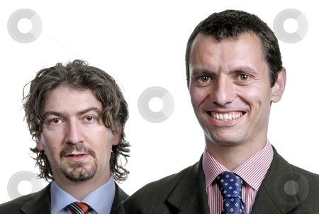 To use this stock image in your creative project, please select the size you need over to the right and click the "Add to Cart" button.
Your downloaded image will come with the Cutcaster watermark removed so don’t worry about the watermark you see on this page. Business men stock photo, Two young business men portrait on white by Rui Vale de Sousa