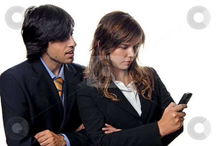 To use this stock image in your creative project, please select the size you need over to the right and click the "Add to Cart" button.
Your downloaded image will come with the Cutcaster watermark removed so don’t worry about the watermark you see on this page. Couple stock photo, Business couple, woman secretary with cell phone by Rui Vale de Sousa