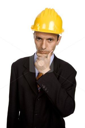 To use this stock image in your creative project, please select the size you need over to the right and click the "Add to Cart" button.
Your downloaded image will come with the Cutcaster watermark removed so don’t worry about the watermark you see on this page. Pensive stock photo, An engineer with yellow hat, isolated on white by Rui Vale de Sousa